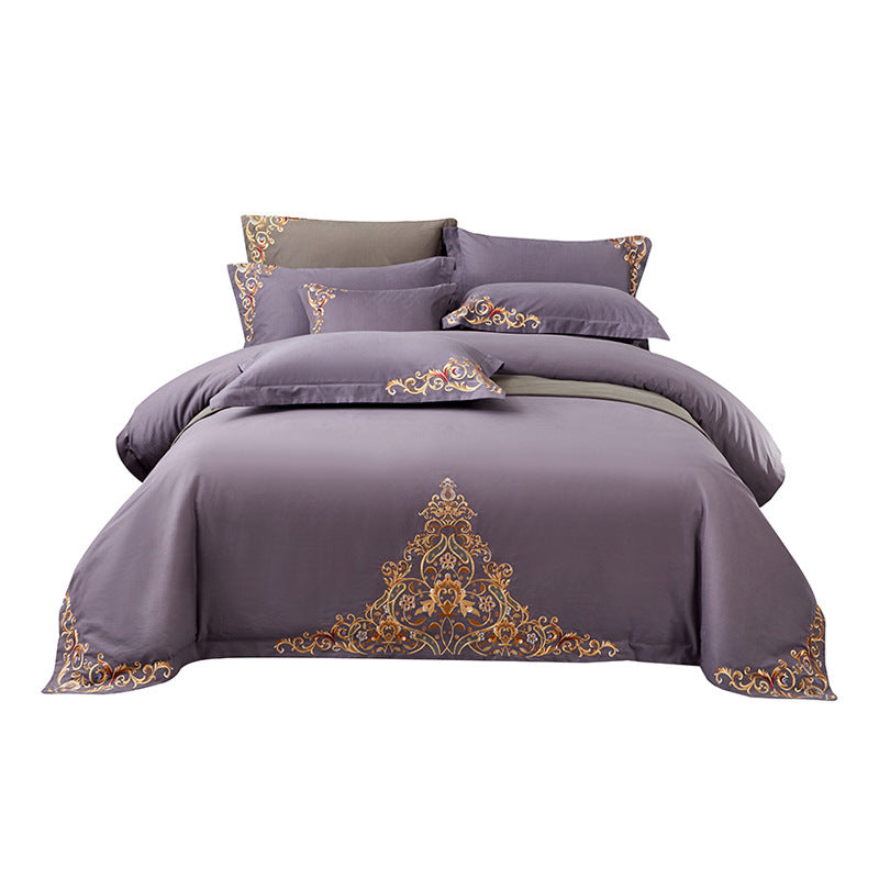 HKM-570195 Blue Cotton Matte Embroidered 4-Piece Bedding Set