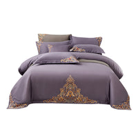 HKM-570195 Blue Cotton Matte Embroidered 4-Piece Bedding Set