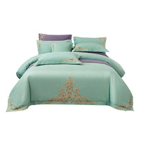 HKM-570195 Blue Cotton Matte Embroidered 4-Piece Bedding Set