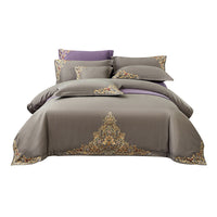 HKM-570195 Blue Cotton Matte Embroidered 4-Piece Bedding Set
