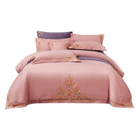 HKM-570195 Blue Cotton Matte Embroidered 4-Piece Bedding Set
