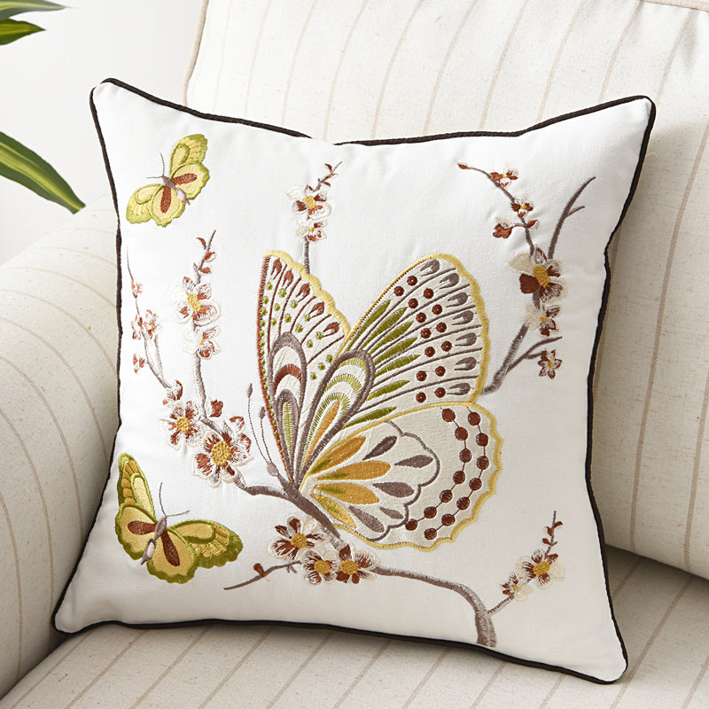 HKM-570643 Three-Dimensional Embroidery Cushion Cover - Flower, Bird, and Butterfly Design, 45x45cm