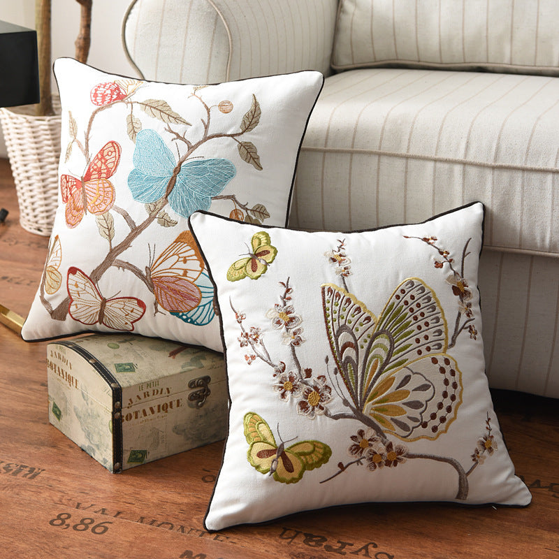 HKM-570643 Three-Dimensional Embroidery Cushion Cover - Flower, Bird, and Butterfly Design, 45x45cm