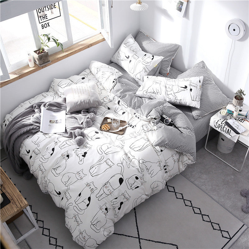 HKM-570835 Four-Piece Cotton Bedding Set with Reactive Printing - Includes Quilt Cover, Bed Sheets, and Pillowcases in Various Sizes