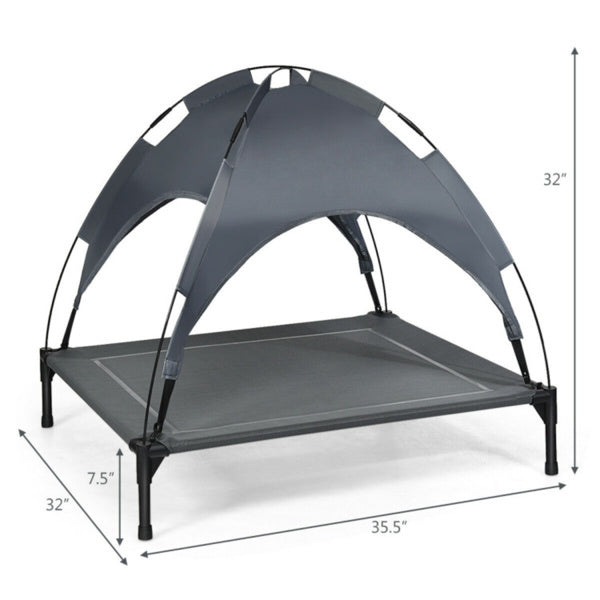 HKM-571795 Elevated Dog Bed with UV Resistant Canopy - 35.5" x 32" - Water-Resistant, Comfortable & Portable