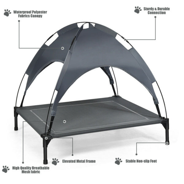 HKM-571795 Elevated Dog Bed with UV Resistant Canopy - 35.5" x 32" - Water-Resistant, Comfortable & Portable