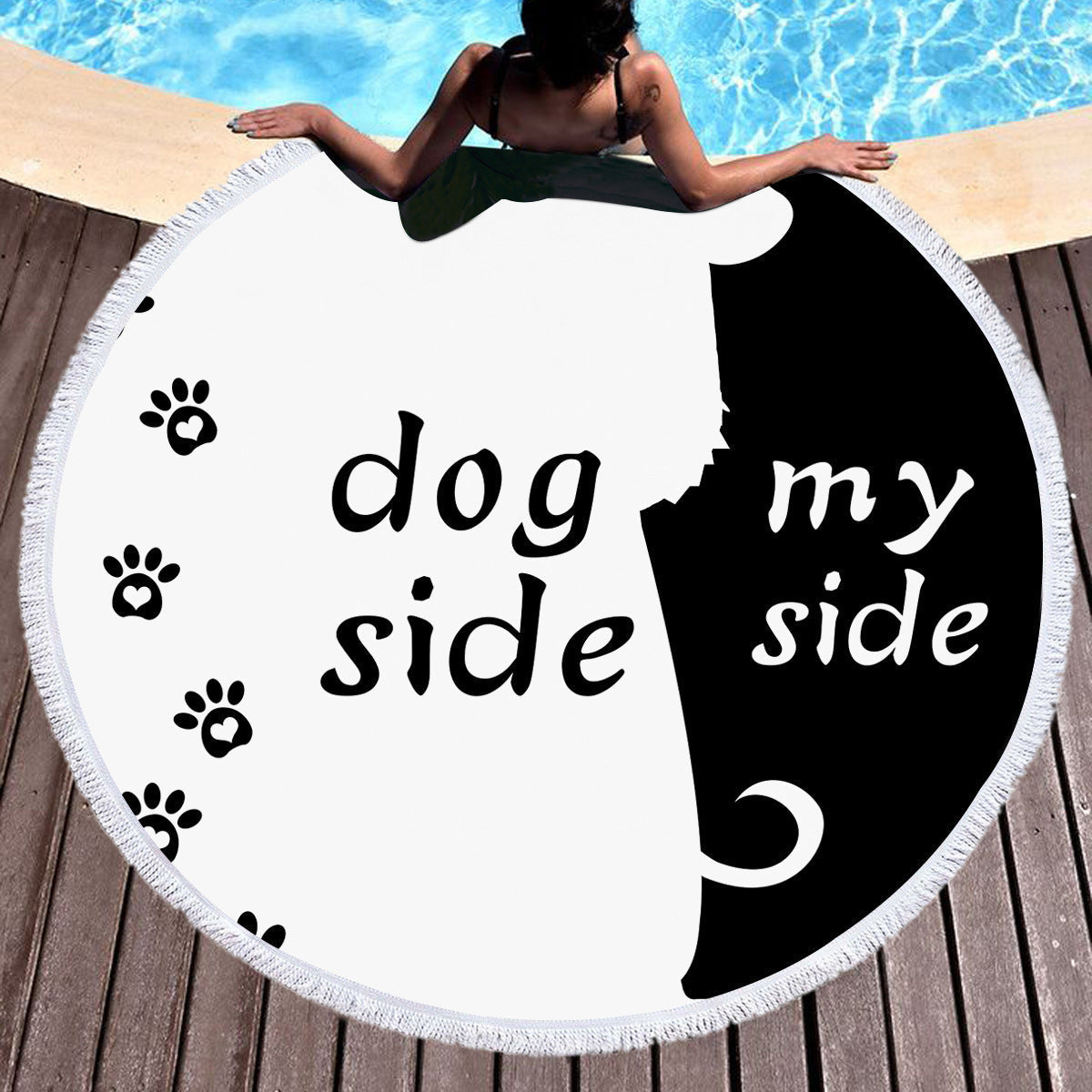 HKM-571987 Microfiber Beach Towel in Dog and Cat Flower Patterns, 150 cm Diameter