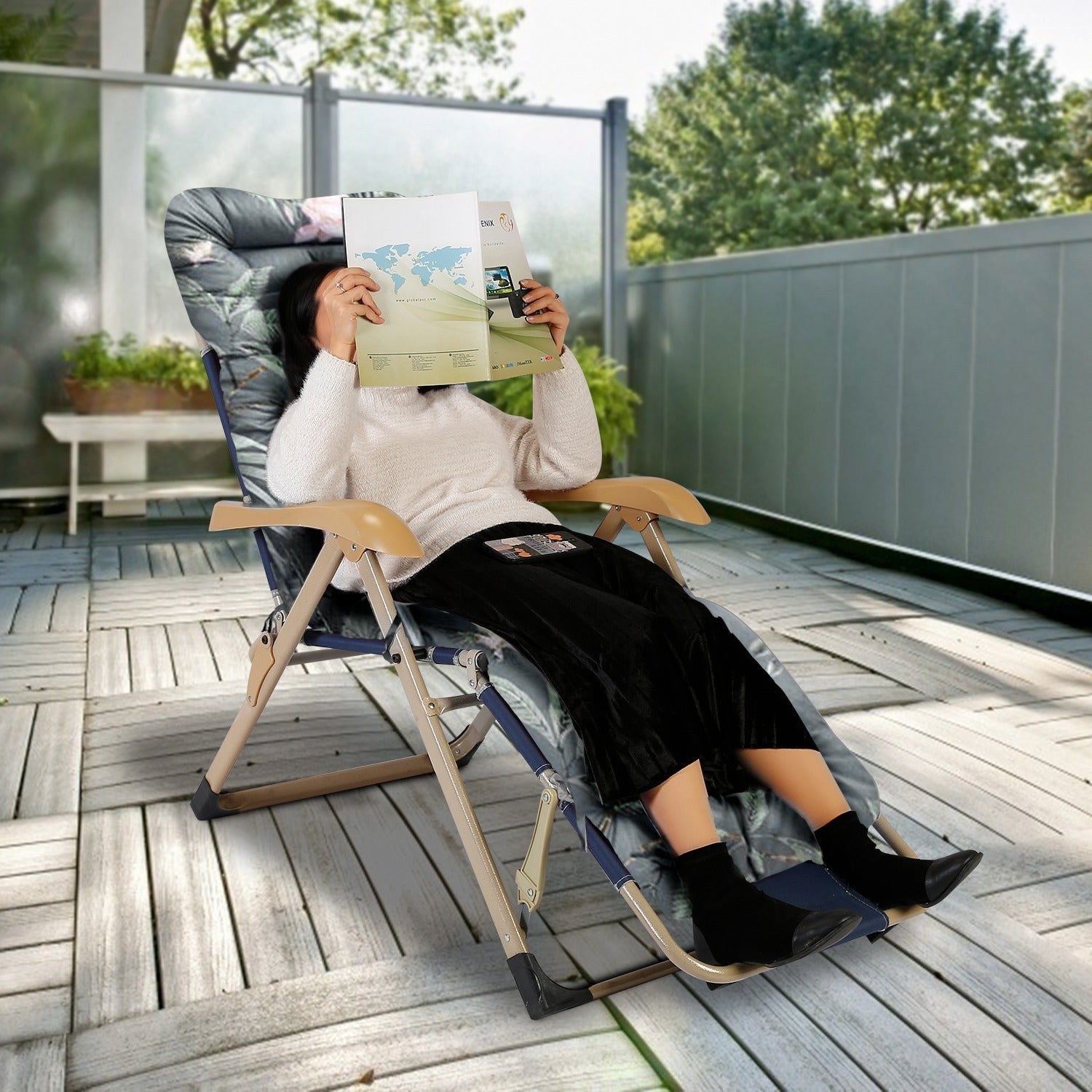 HKM-572051 Chaise Lounger Cushion for Recliners and Rocking Chairs - Soft Polyester with Secure Straps, Ideal for Indoor and Outdoor Use