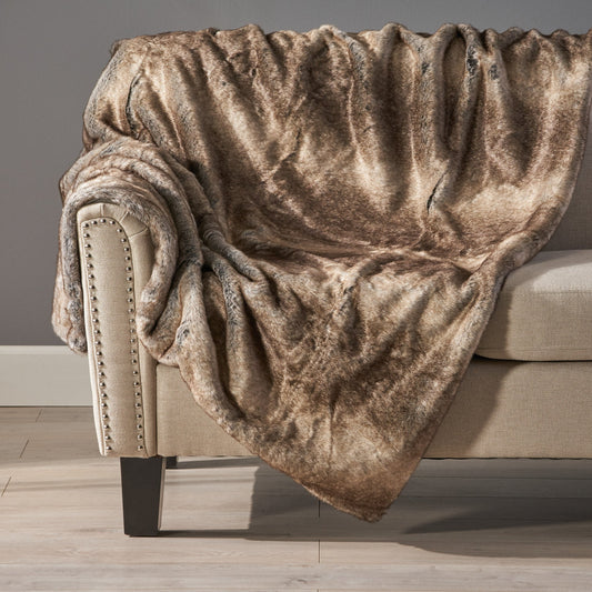 HKM-572819 Cozy Faux Fur Throw Blanket - 50" x 60", Brown, Soft and Warm