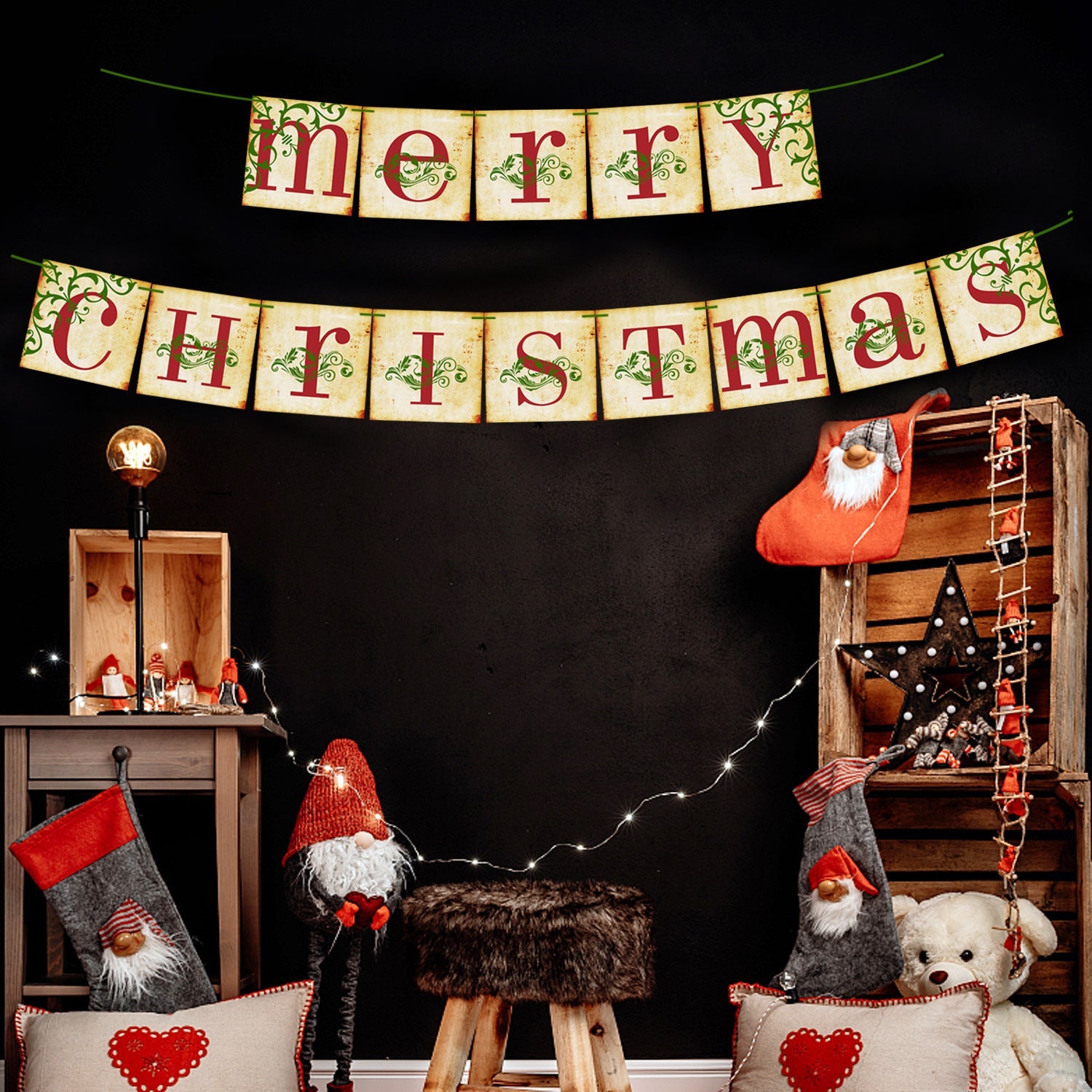 HKM-572947 Retro Christmas Hanging Flag Banner for Holiday Party Decoration, 14.5cm x 14.5cm, Includes Safety Needle and Rope