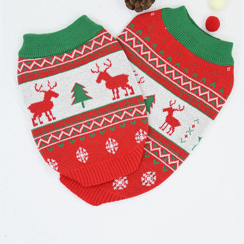 HKM-573395 Cozy Red Wool Sweater with Snow Elk Design for Cats and Dogs