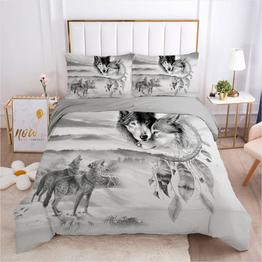 HKM-573587 3D Digital Bedding Set in White - Polyester Fiber, Suitable for Beds 1.0m to 2.8m