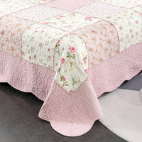 HKM-573651 European Pastoral Three-Piece Bedspread Set in Green Cotton with Plant and Flower Design