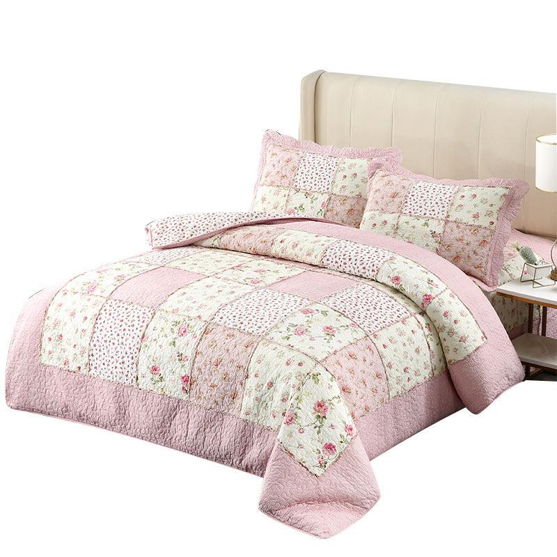HKM-573651 European Pastoral Three-Piece Bedspread Set in Green Cotton with Plant and Flower Design