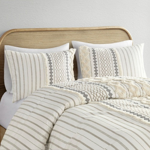 HKM-574291 Aztec Print Cotton Duvet Cover Set for King/Cal King with Tufted Chenille & 2 Matching Shams