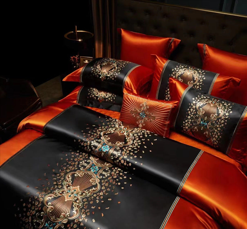 HKM-574291 Silk Cotton Embroidery Four-Piece Bedding Set with Duvet Cover and Pillowcases