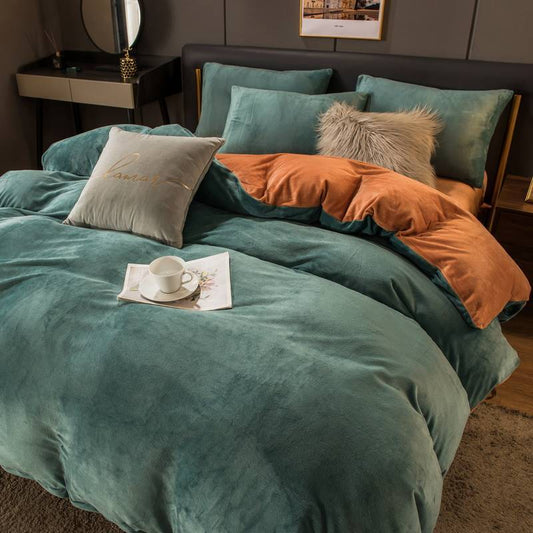 HKM-574739 Flannel Double Bed Set - Thermal Insulation, Thick Coral Velvet, 4-Piece Bedding Collection in Multiple Colors