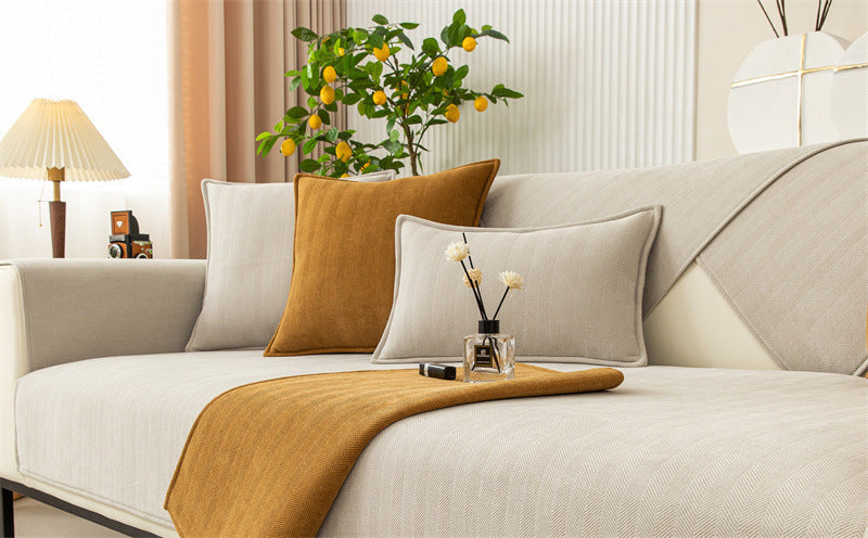 HKM-575187 Chenille Non-Slip Universal Sofa Cover with Plant and Flower Design in Herringbone Patterns