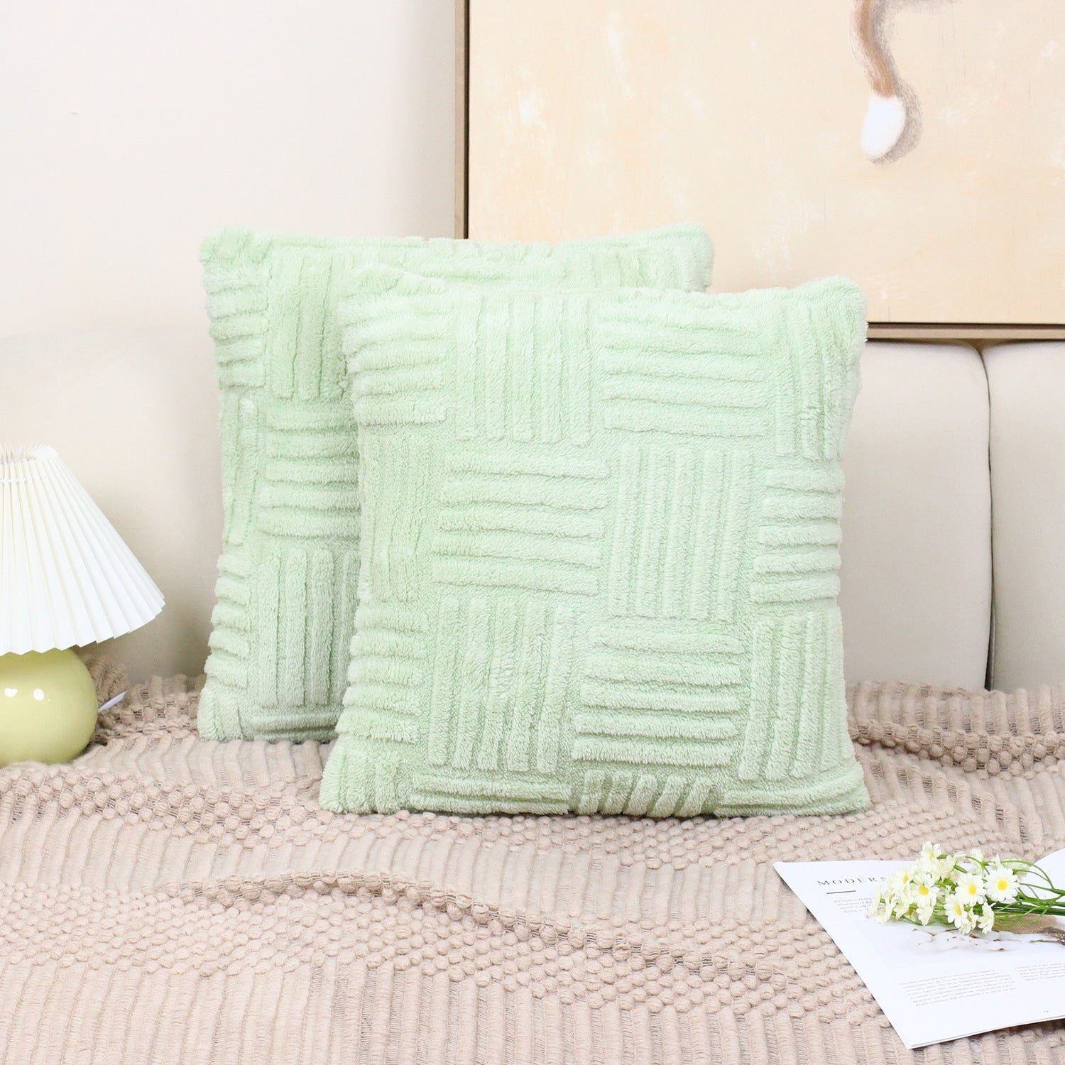 HKM-576339 Woven Plush Pillow Cover in Striped and Solid Colors - 45x45cm