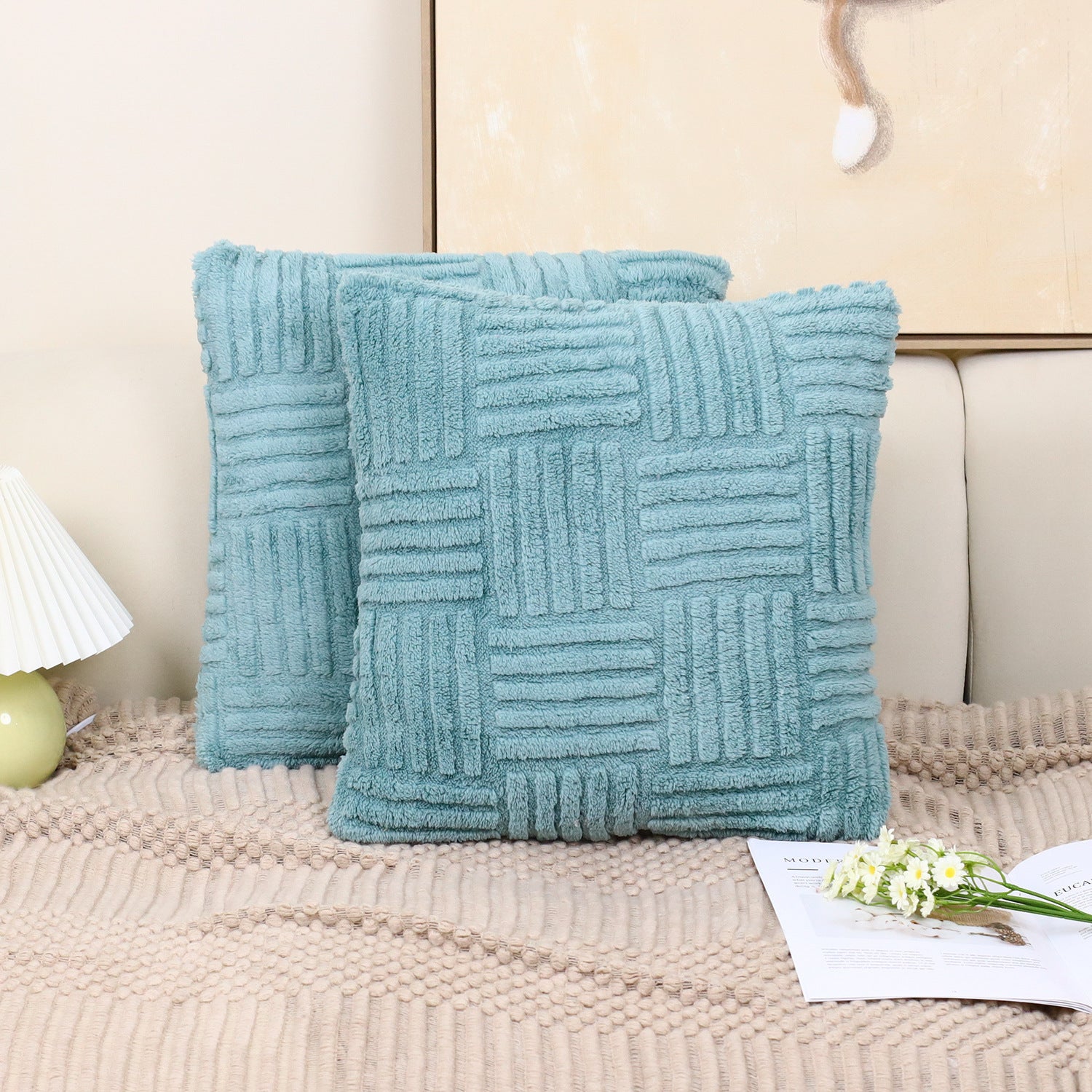 HKM-576339 Woven Plush Pillow Cover in Striped and Solid Colors - 45x45cm