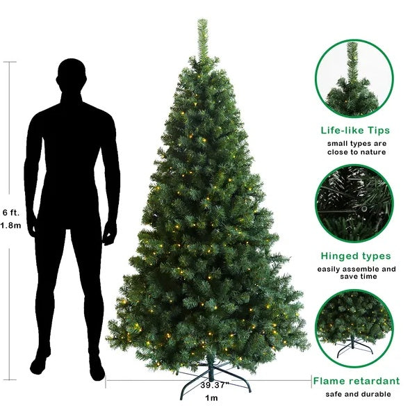 HKM-576403 6ft Pre-Lit Artificial Christmas Tree with Hinged Branches and Foldable Metal Stand