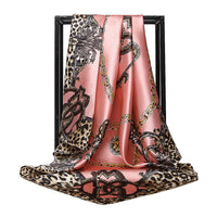 HKM-576659 Multi-Color Silk Satin Leopard Chain Scarf - 90 cm x 90 cm