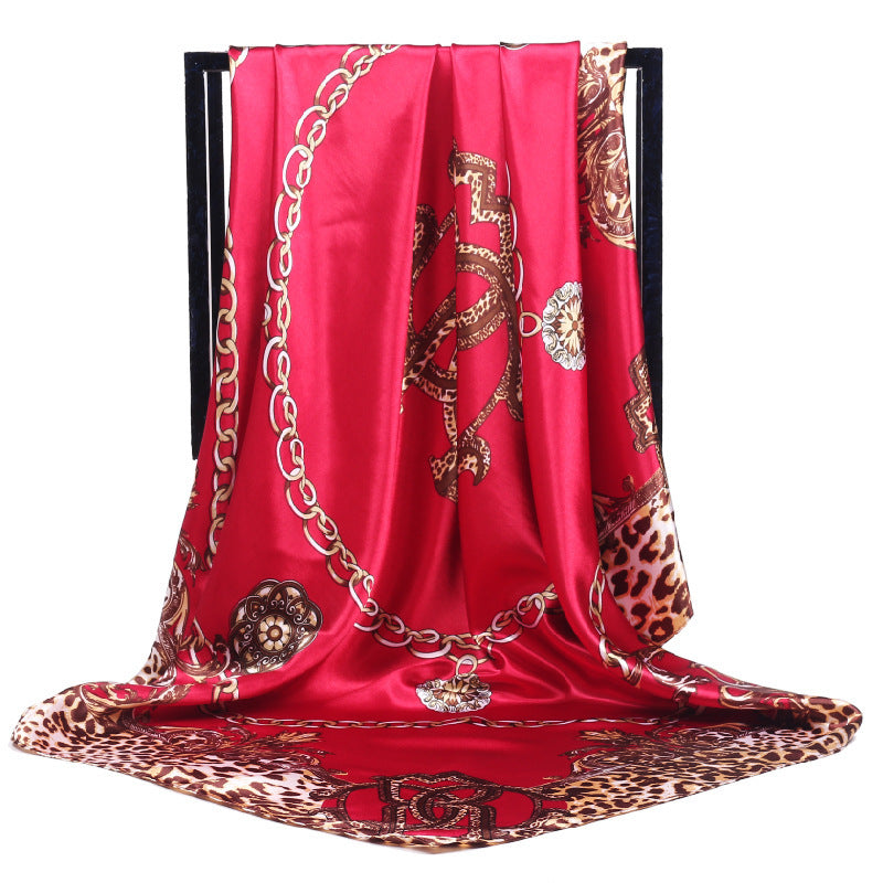 HKM-576659 Multi-Color Silk Satin Leopard Chain Scarf - 90 cm x 90 cm