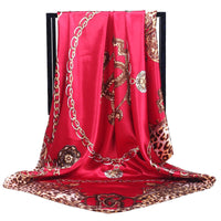 HKM-576659 Multi-Color Silk Satin Leopard Chain Scarf - 90 cm x 90 cm