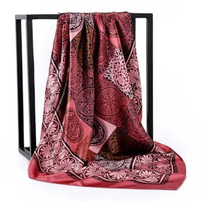 HKM-576659 Multi-Color Silk Satin Leopard Chain Scarf - 90 cm x 90 cm