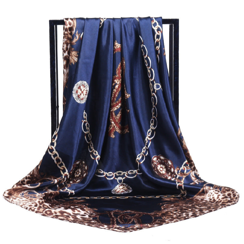 HKM-576659 Multi-Color Silk Satin Leopard Chain Scarf - 90 cm x 90 cm