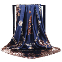 HKM-576659 Multi-Color Silk Satin Leopard Chain Scarf - 90 cm x 90 cm