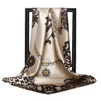 HKM-576659 Multi-Color Silk Satin Leopard Chain Scarf - 90 cm x 90 cm