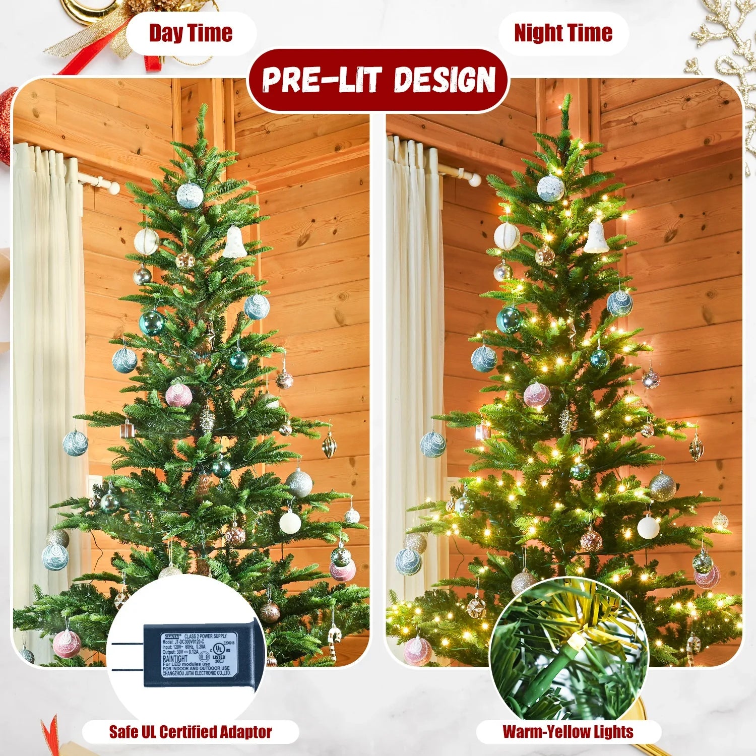 KTX-576723 6ft Warm Light Artificial Pine Christmas Tree for Indoor Home Decoration