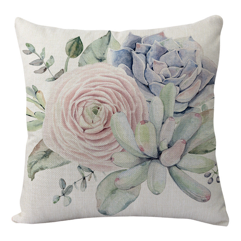 HKM-577811 Flowers and Birds Floral Linen Lumbar Pillow for Car and Sofa - 45x45cm (Pillowcase Only)