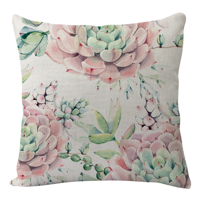 HKM-577811 Flowers and Birds Floral Linen Lumbar Pillow for Car and Sofa - 45x45cm (Pillowcase Only)