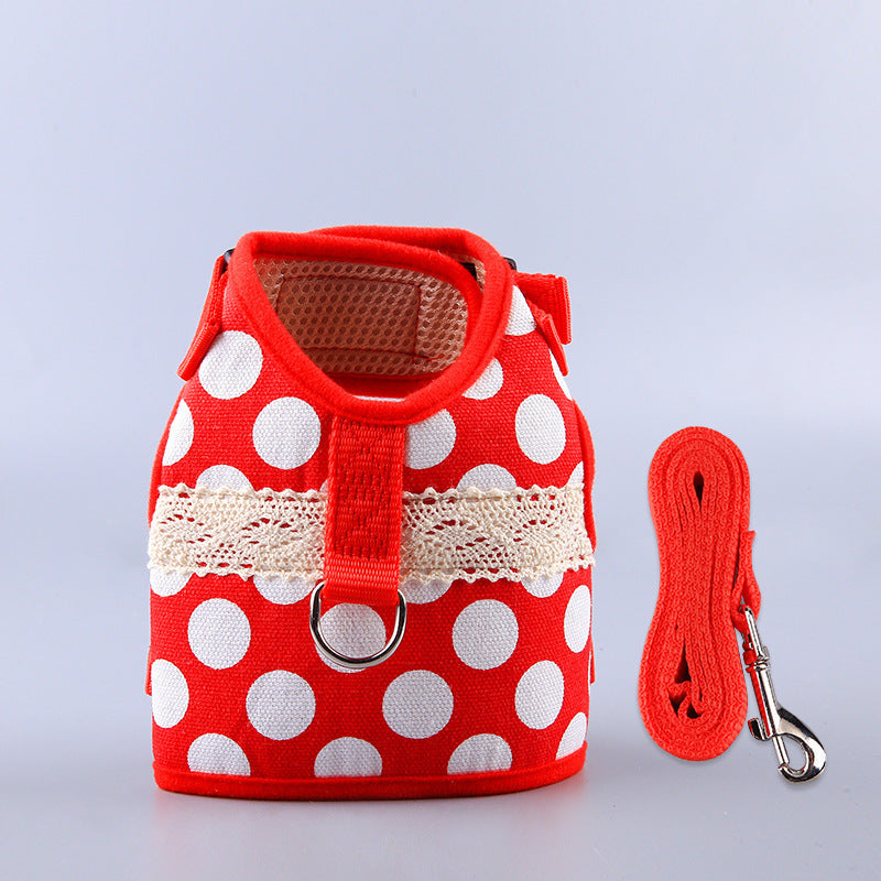 HKM-577875 Ethnic Style Dog Leash and Chest Strap Set in Polka-Dot Design for Small to Large Breeds