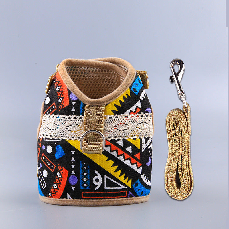 HKM-577875 Ethnic Style Dog Leash and Chest Strap Set in Polka-Dot Design for Small to Large Breeds