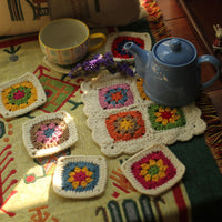 HKM-578195 Handmade Nordic Style Square Coaster Set with Teapot Cushion - 7 Piece Pastoral Design in Imitation Cashmere Thread