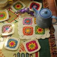 HKM-578195 Handmade Nordic Style Square Coaster Set with Teapot Cushion - 7 Piece Pastoral Design in Imitation Cashmere Thread