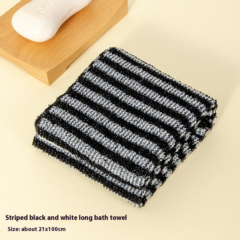 HKM-578835 Men's and Women's Long Bath Towel with Easy Foaming Bath & Back Rub - Available in Pink Stripes, Blue Stripes, and Black Plaid