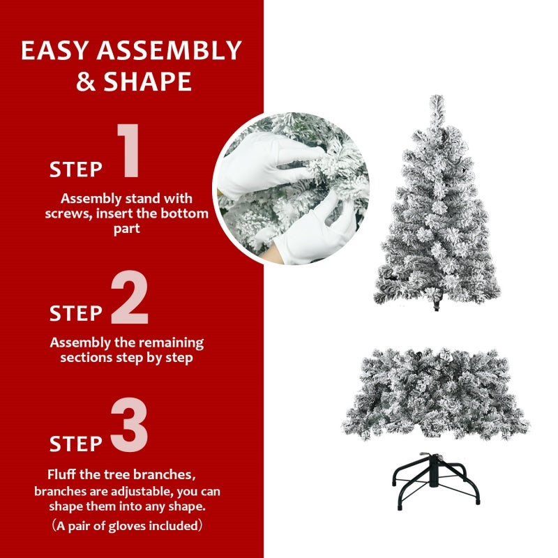 HKM-579859 Flocked Artificial Christmas Tree with Foldable Base - Available in 4ft, 5ft, 6ft, and 7ft Options