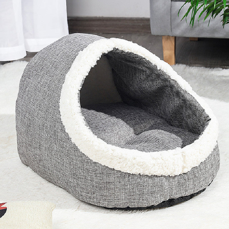 HKM-579859 Reversible Slipper Pet Nest for Cats and Dogs - Soft Lamb and PP Cotton, Gray and Light Brown, 47x32x36cm