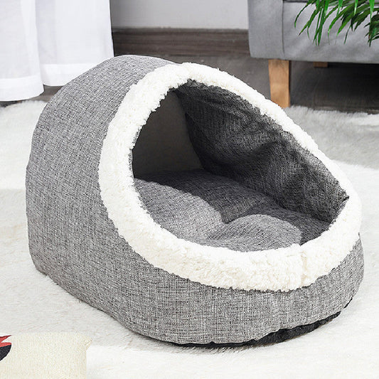 HKM-579859 Reversible Slipper Pet Nest for Cats and Dogs - Soft Lamb and PP Cotton, Gray and Light Brown, 47x32x36cm