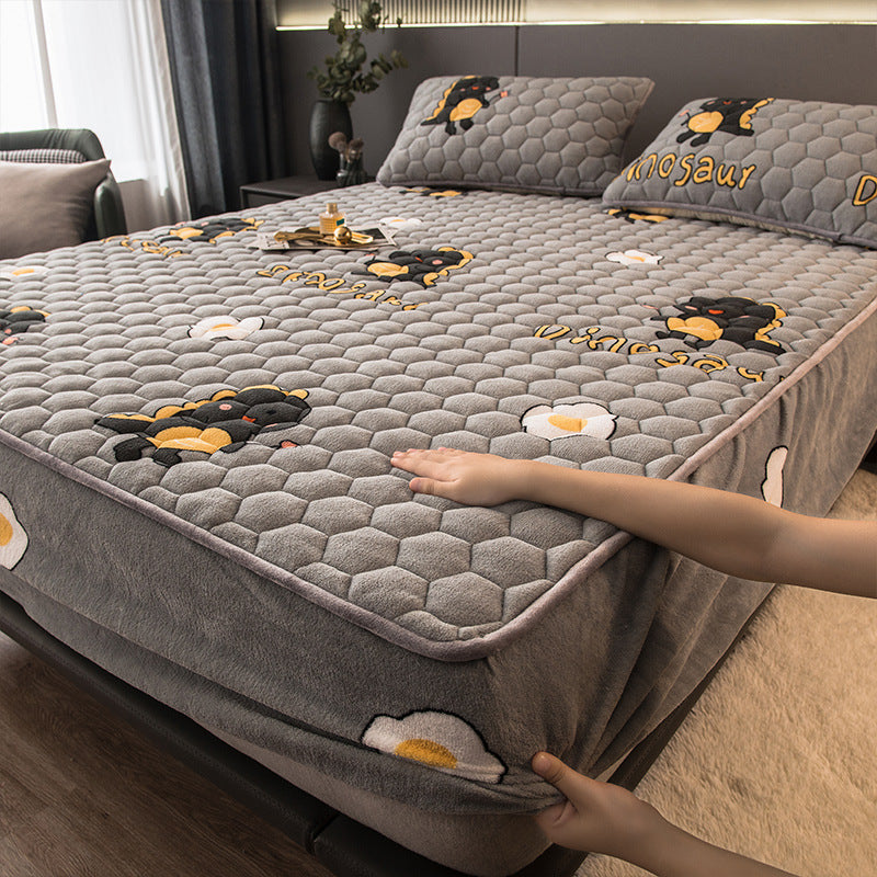 HKM-580371 Thickened Coral Pile Cotton Bed Cover with Pillowcases - Light Grey - Multiple Sizes Available