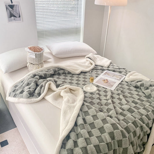 HKM-580563 Checkerboard Lamb Plush Blanket Quilt Set for All Seasons - Multiple Color Options and Sizes Available
