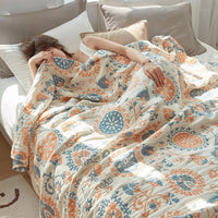 HKM-580563 Cotton Gauze Air Conditioning Blanket with Plant and Flower Pattern in Beige, Red, and Blue - Two Sizes Available