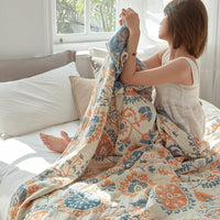 HKM-580563 Cotton Gauze Air Conditioning Blanket with Plant and Flower Pattern in Beige, Red, and Blue - Two Sizes Available
