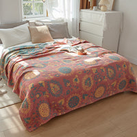 HKM-580563 Cotton Gauze Air Conditioning Blanket with Plant and Flower Pattern in Beige, Red, and Blue - Two Sizes Available