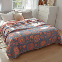 HKM-580563 Cotton Gauze Air Conditioning Blanket with Plant and Flower Pattern in Beige, Red, and Blue - Two Sizes Available