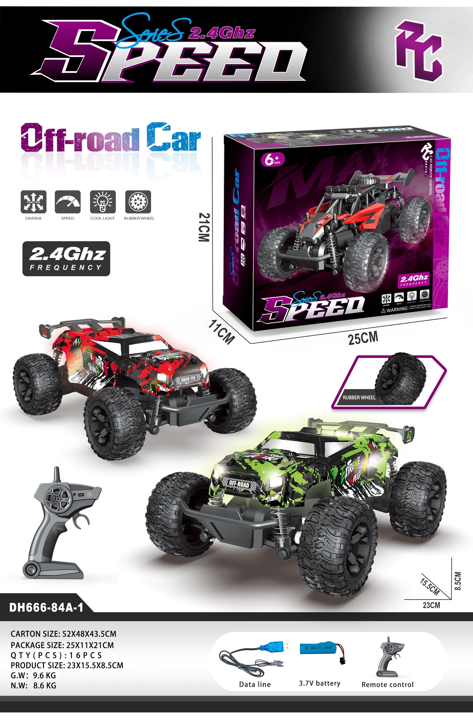HKM-580563 High-Speed 1/18 Off-Road Remote Control Stunt Car with Lights for Kids